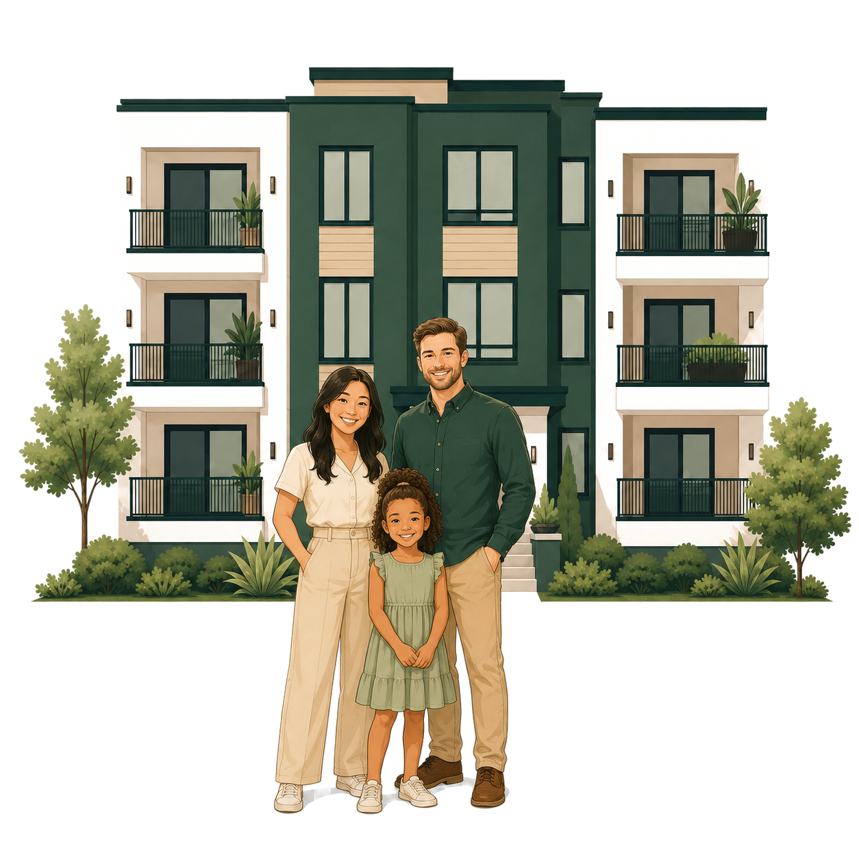 The Chen family standing in front of their 6-unit Austin multifamily building