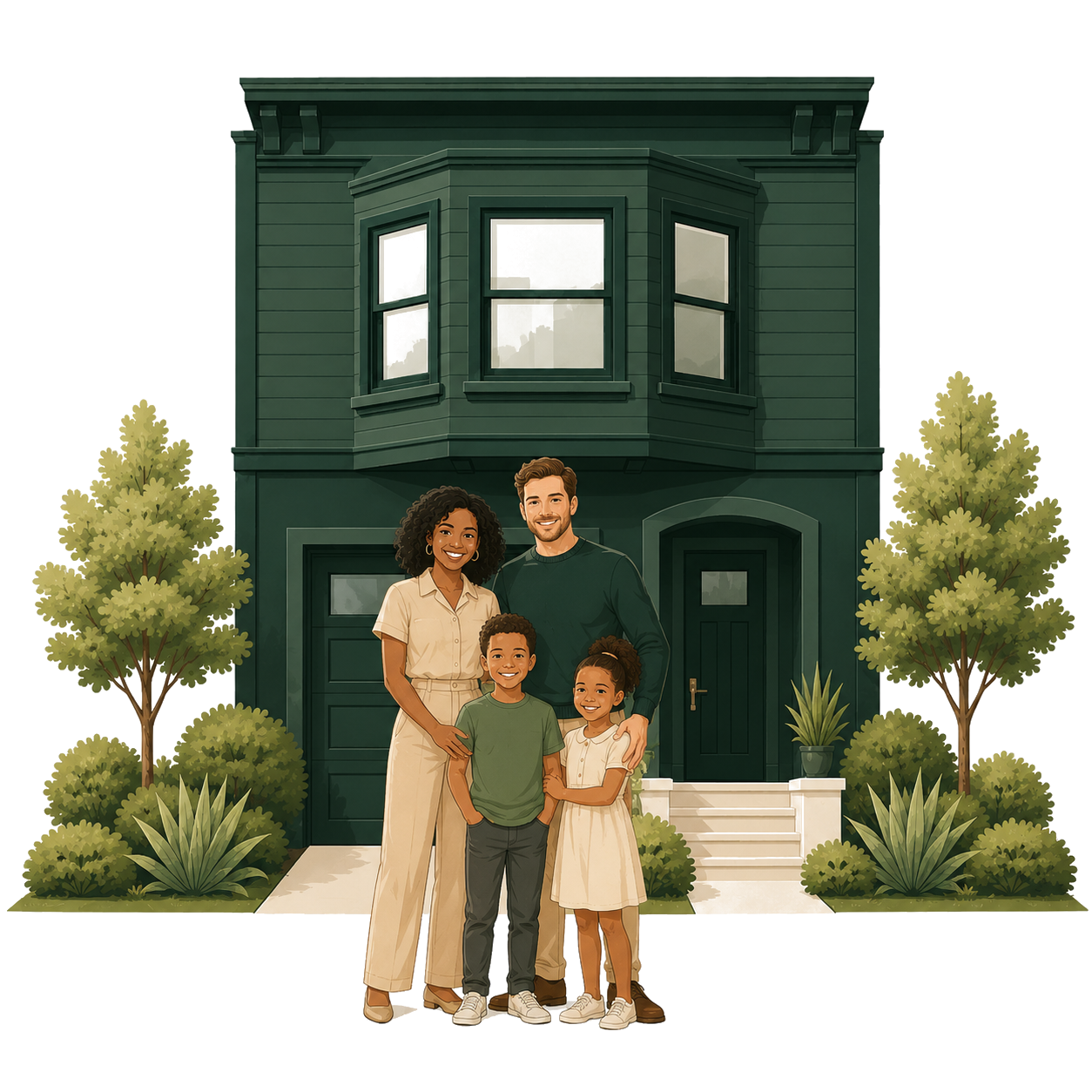 The Okafor-Patel family in front of their inherited Victorian