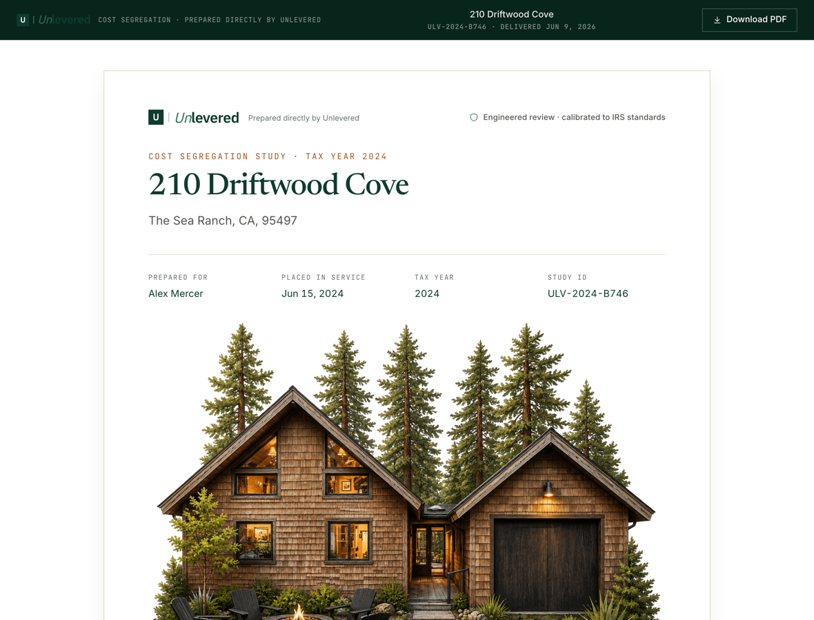 The Timber Ridge cost segregation study, delivered in the Unlevered workspace