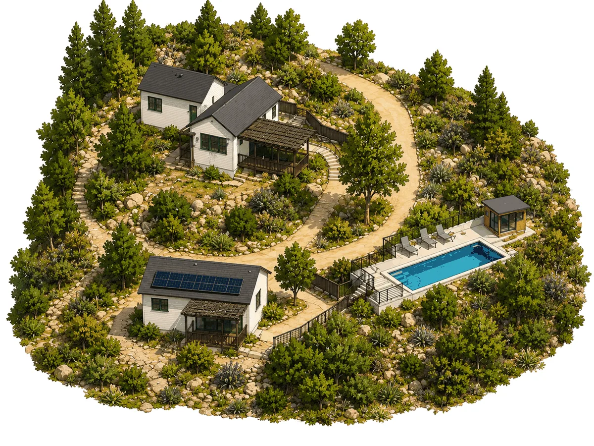 The wine country property at the center of the study: two cabins, a pool, and two detached prefab studio units on a wooded parcel.