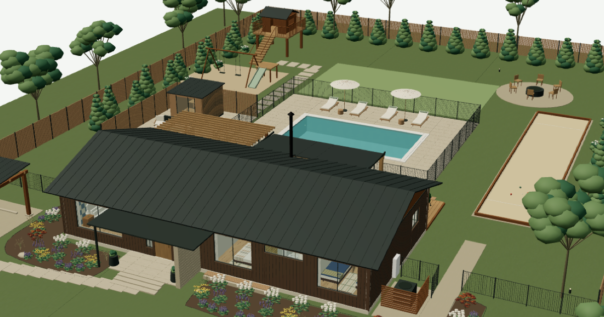 The Grove House 3D model: a dark-roofed midcentury ranch with a pool court, bocce lawn, sauna and play yard behind a cedar fence.