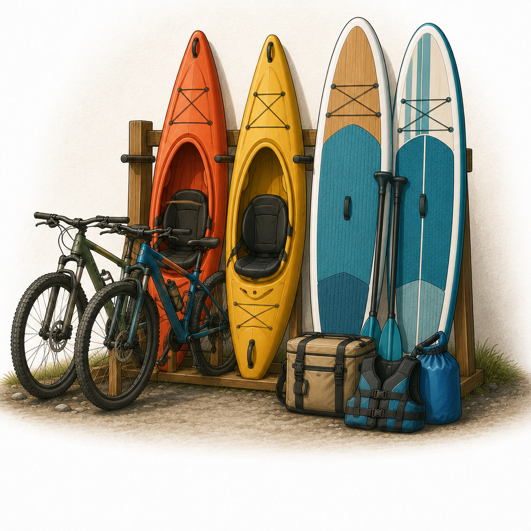 A loaded rack of bikes, kayaks, and paddleboards at a short-term rental, the adventure gear that helps a listing book more weekends.