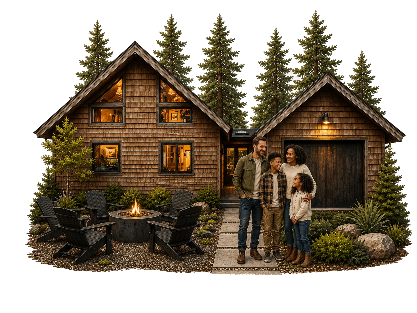 A Sea Ranch cabin among the redwoods with a family outside it.