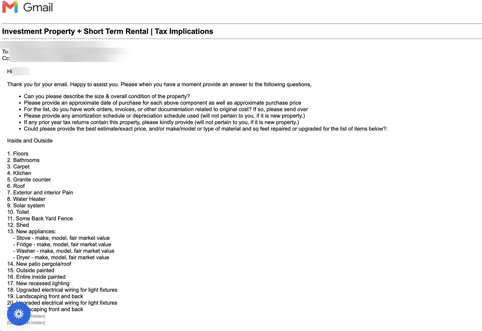 Screenshot of the cost segregation questionnaire email: a generic template list asking about granite counters, a solar system, a shed, and back yard fencing, with the typo Exterior and interior Pain.