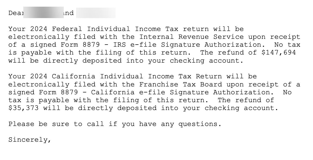 Excerpt of the 2024 tax return transmittal letter stating no tax is payable and listing a federal refund of $147,694 and a California refund of $35,373.