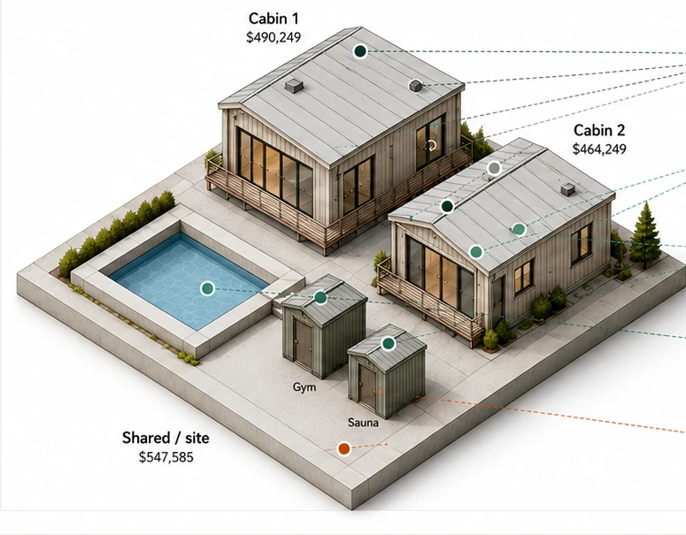Rebuilt property graph: two cabins, gym, sauna, pool and site, each component tied to its source and tax class