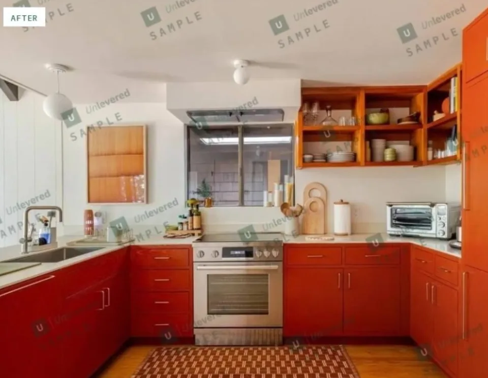 The same kitchen after the remodel: red cabinets, open shelving, and a stainless range