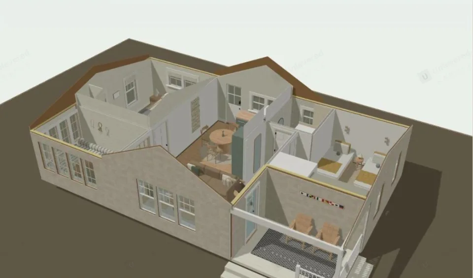 3D model of the house after its remodel, with each new part tagged