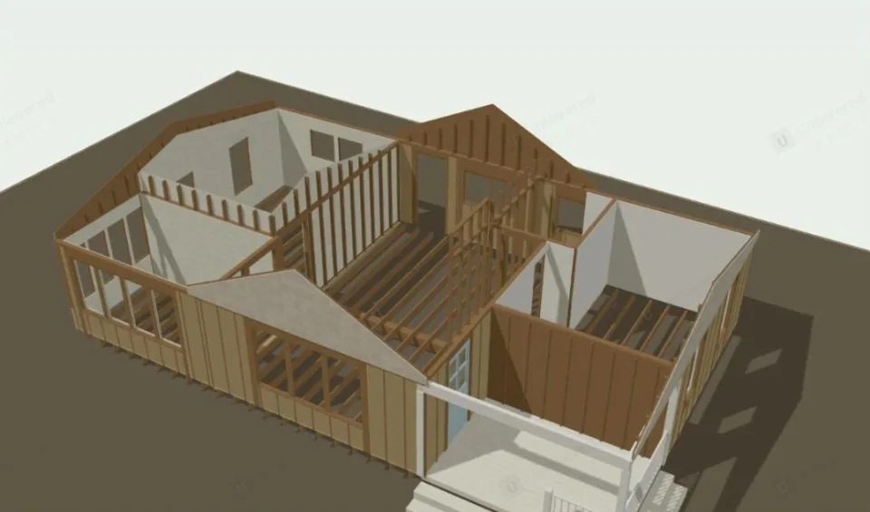 3D model of the house mid-remodel, opened to the framing where parts were removed