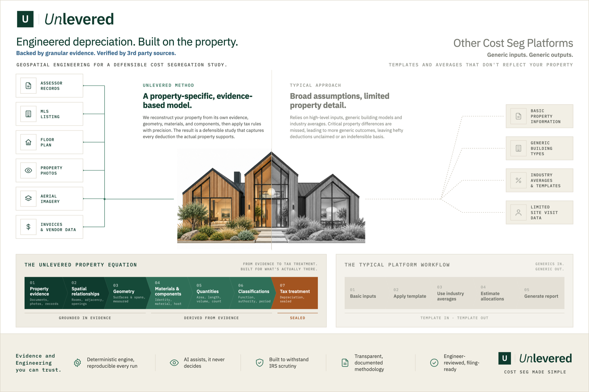 The Unlevered property equation runs from property evidence through spatial relationships, geometry, materials and components, quantities, and classifications to a sealed tax treatment, beside a generic cost segregation platform's template-in, template-out workflow.