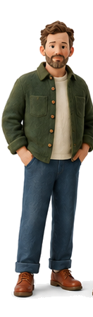 A short-term rental owner standing beside his cottage