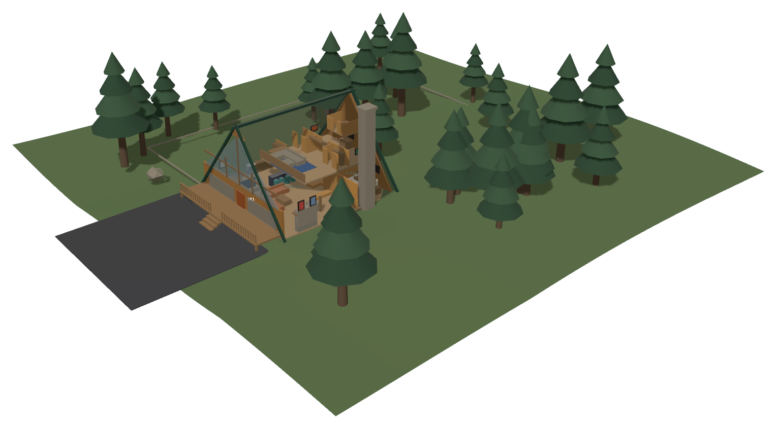 3D cutaway model of the property, built from the spatial model to visually QA study facts against the real house