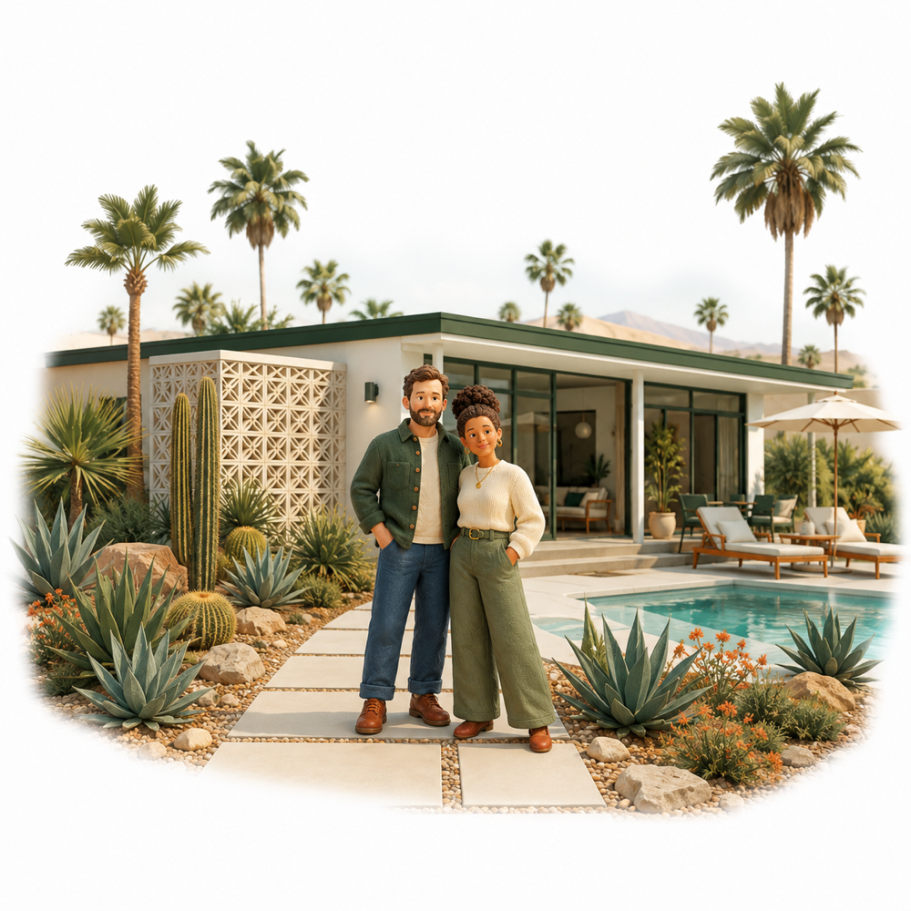 A couple outside a midcentury home