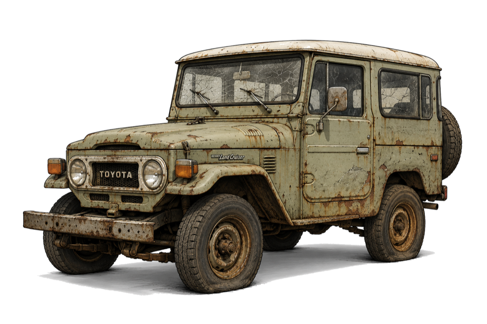 The same SUV, weathered and rusted